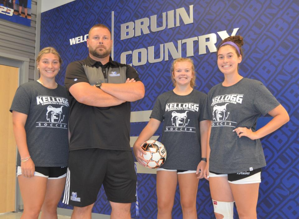 The Kellogg Community College women's soccer team is hoping to build off the momentum of making the postseason a year ago under third-year head coach Levi Butcher, center, and sophomores, from left, Bella Smith, Lydia Schamanek and Rayna Richardson.
