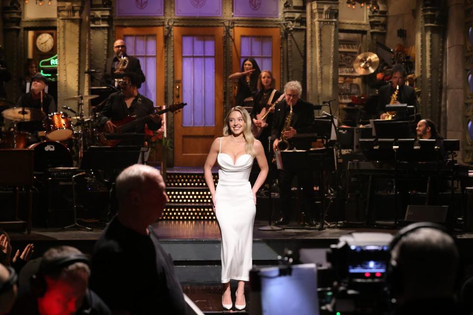 saturday night live episode 1857 pictured host sydney sweeney during the monologue on saturday, march 2, 2024 photo by will heathnbc via getty images