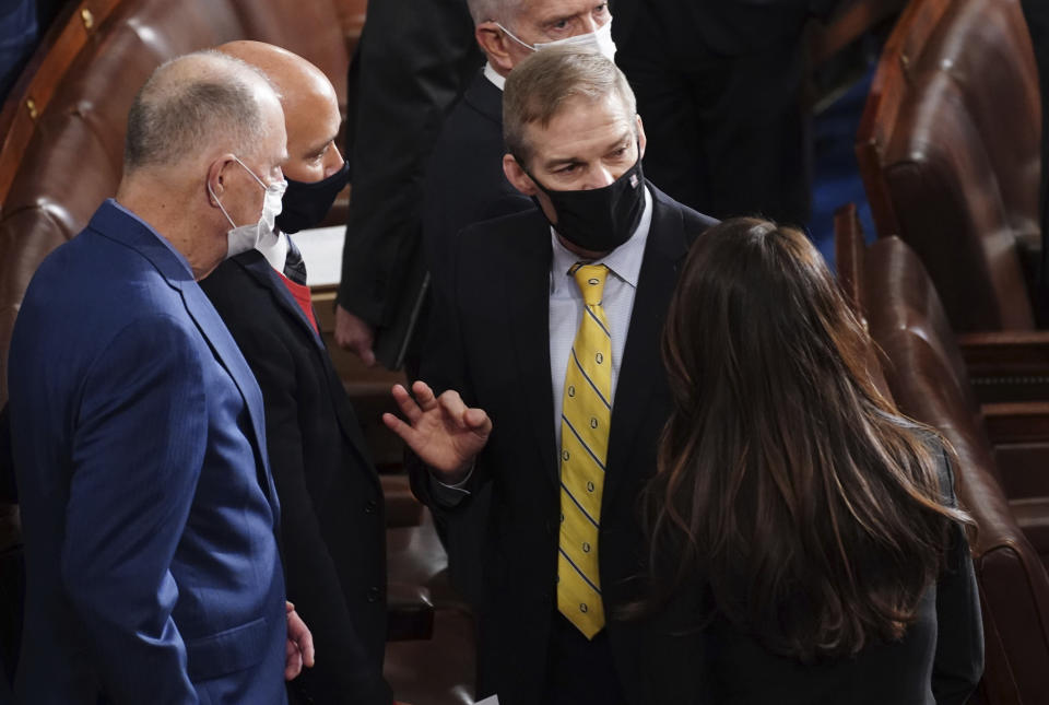 Rep. Jim Jordan, R-Ohio, speaks to colleagues as a joint session of the House and Senate convenes to confirm the Electoral College votes cast in November's election, at the Capitol in Washington, Wednesday, Jan. 6, 2021. (Kevin Dietsch/Pool via AP)