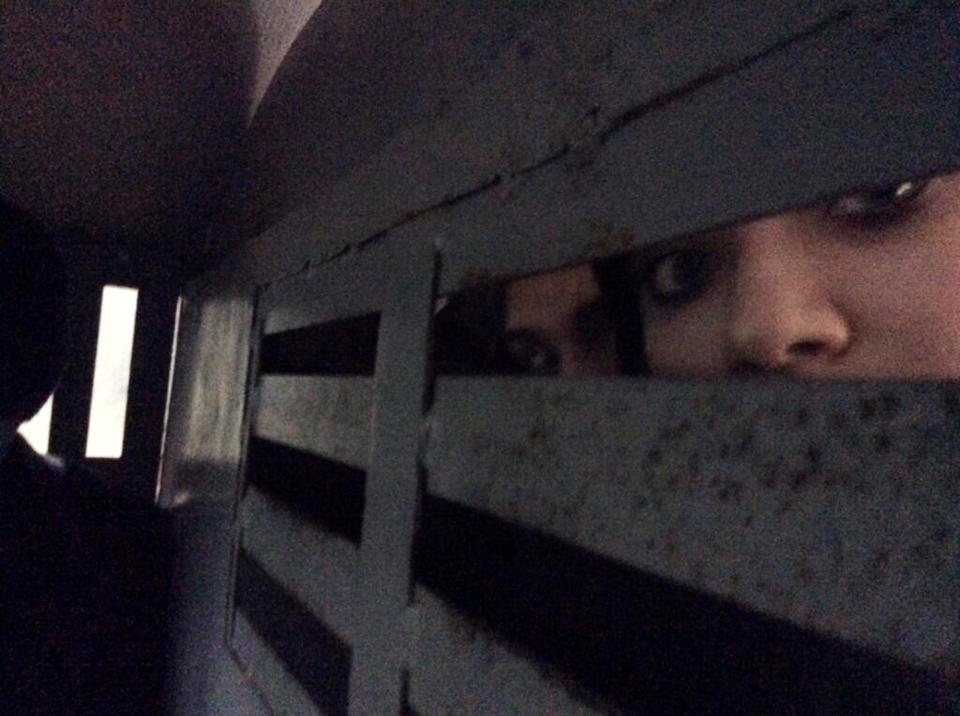 This photo provided by Maria Alekhina, a member of the punk band Pussy Riot, was taken in the back of a police detention vehicle after she and several others were detained in Sochi, Russia, on Tuesday, Feb. 18, 2014. Fellow band member Nadezhda Tolokonnikova wrote on Twitter that she and Alekhina were detained Tuesday while walking in downtown Sochi, the host city of the Winter Olympics. (AP Photo/Maria Alekhina)