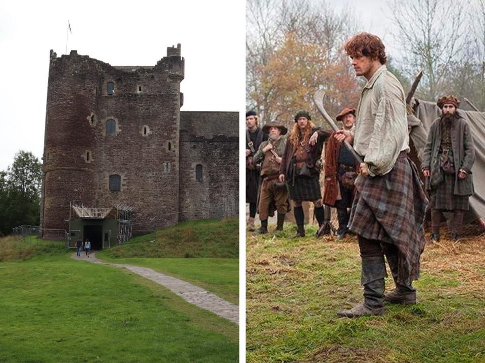 Collage of two images with the exterior and front courtyard of Doune Castle on the left, and a still from "Outlander" with character Jamie Fraser holding a shinty stick, similar to a field hockey stick, on the right.