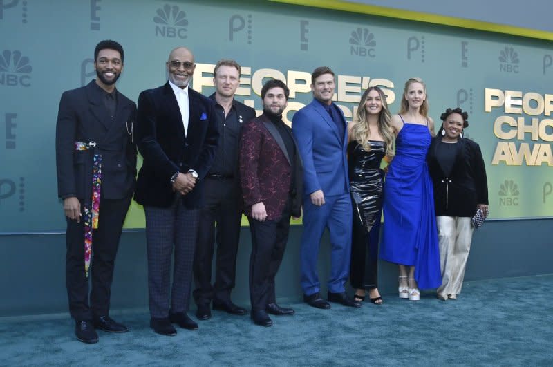 "Grey's Anatomy" stars , left to right, Anthony Hill, James Pickens, Jake Borelli, Kevin McKidd, Chris Carmack, Camilla Luddington, Kim Raver and Chandra Wilson attend the People's Choice Awards at the Barker Hangar in Santa Monica, Calif., on Sunday. Photo by Jim Ruymen/UPI