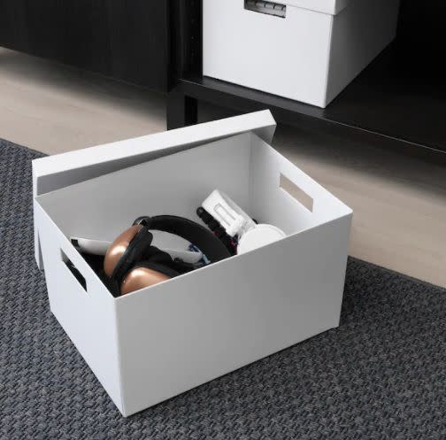 This storage box with an opening can be used to hide a Wifi router and other computer accessories. Find it for $4 at <a href="https://fave.co/3lhT2W1" target="_blank" rel="noopener noreferrer">IKEA</a>.