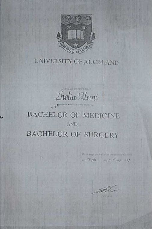 A forged degree certificate used by Zholia Alemi to register to practice as a psychiatrist in the UK 