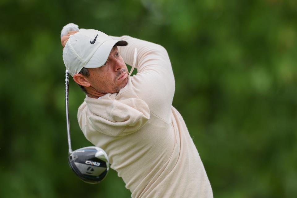 LOUISVILLE, KENTUCKY - MAY 15: Rory McIlroy of Northern Ireland plays his shot from the 18th tee during a practice round prior to the 2024 PGA Championship at Valhalla Golf Club on May 15, 2024 in Louisville, Kentucky. (Photo by Patrick Smith/Getty Images)