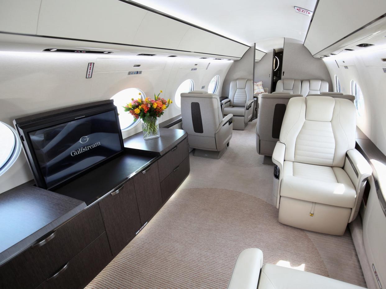 The interior of a G700 aircraft, one of the newest in Gulfstream Aerospace's lineup, is on display at the National Business Aviation Association (NBAA) convention and exhibition in Orlando, Florida, U.S. October 17, 2022.