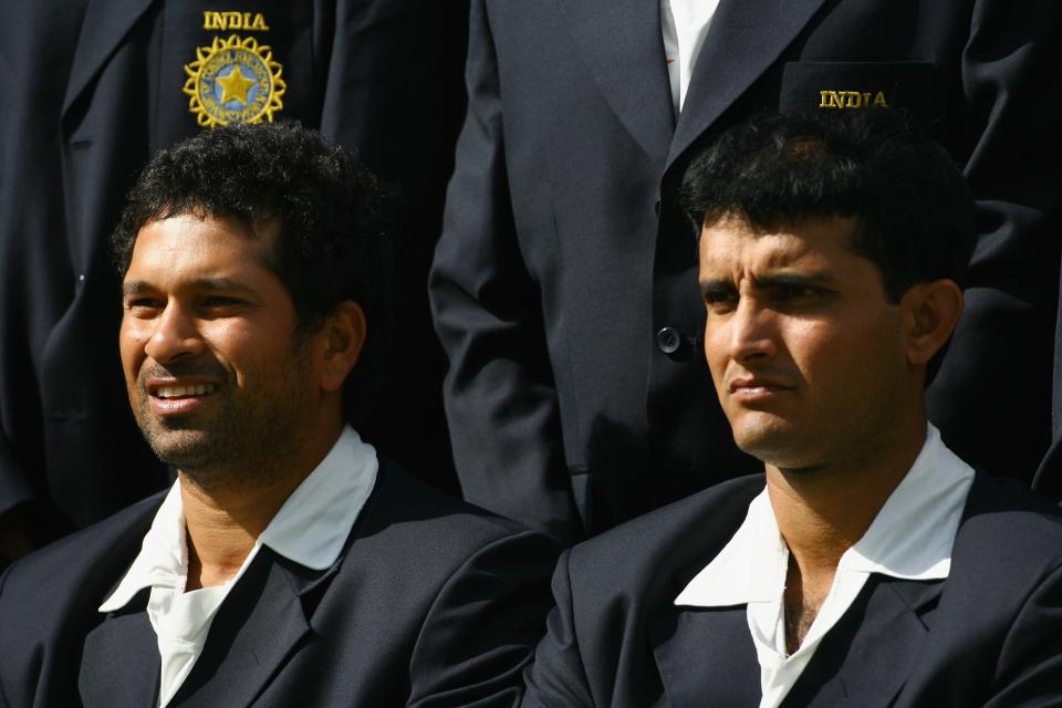 LONDON - JULY 17: Sachin Tendulkar and Sourav Ganguly of India look on during the India Nets session at Lords Cricket Ground on July 17, 2007 in London England (Photo by Tom Shaw/Getty Images)