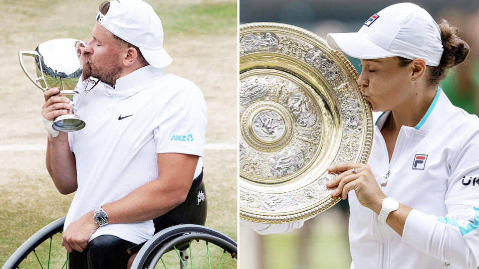 Dylan Alcott and Ash Barty, pictured here with their Wimbledon trophies.