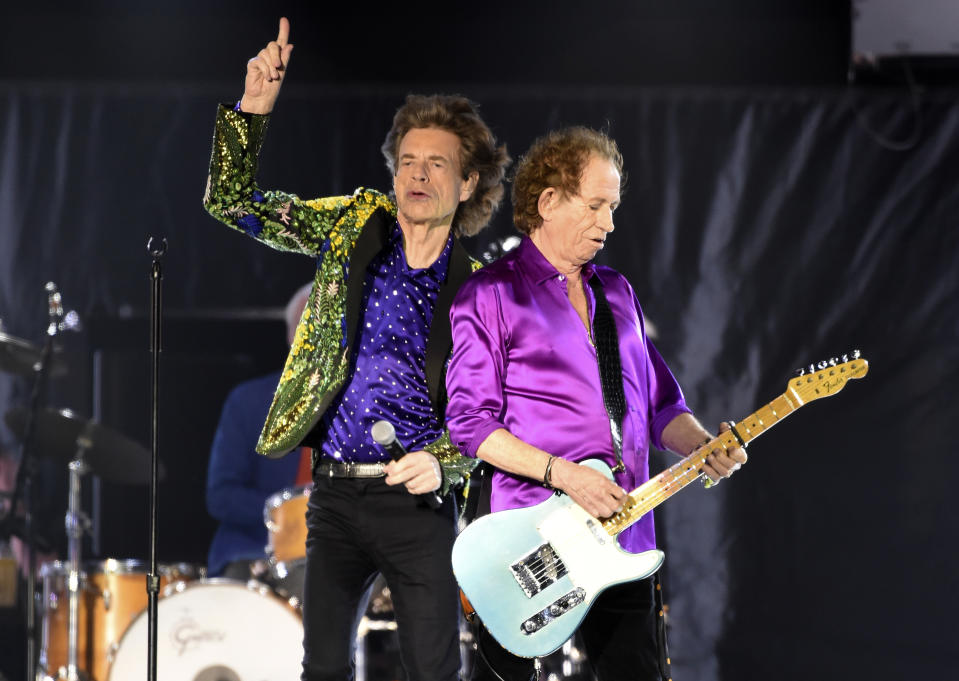 Mick Jagger, left, and Keith Richards of the Rolling Stones perform during their concert at the Rose Bowl, Thursday, Aug. 22, 2019, in Pasadena, Calif. (Photo by Chris Pizzello/Invision/AP)