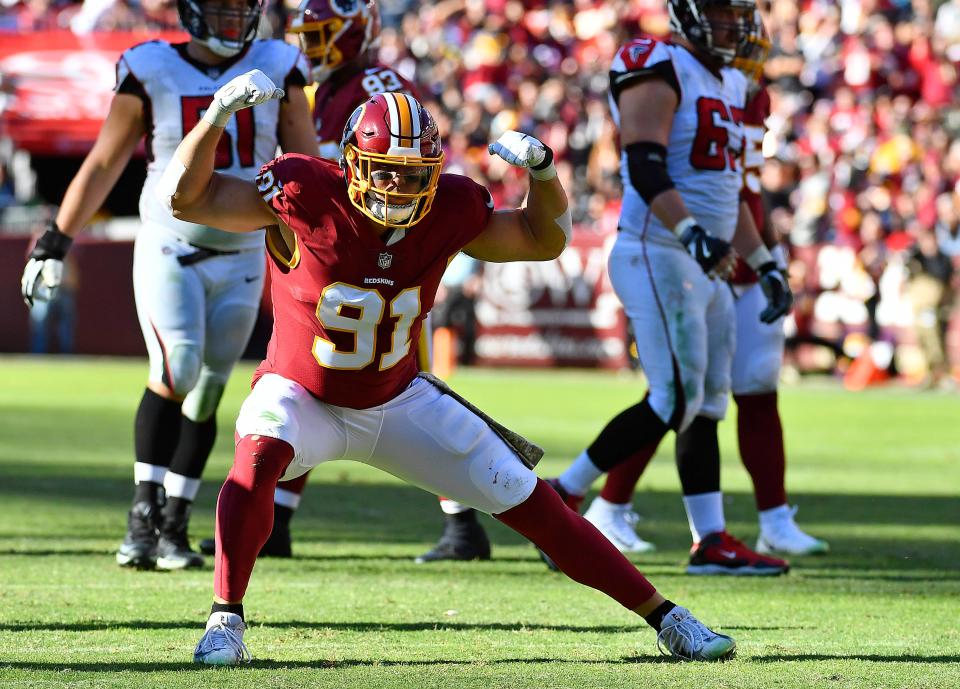 Nov 4, 2018; Landover, MD, USA; then-Washington Redskins outside linebacker Ryan Kerrigan (91) celebrates after a sack against the Atlanta Falcons during the first half at FedEx Field. Mandatory Credit: Brad Mills-USA TODAY Sports