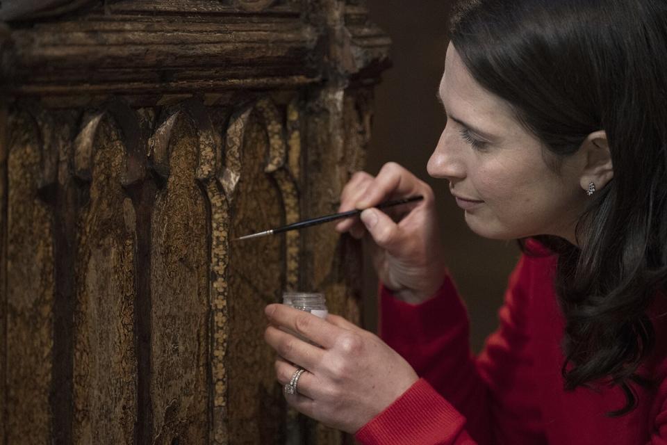 The Coronation chair at Westminster Abbey in London, which is being restored ahead of the upcoming coronation of King Charles III