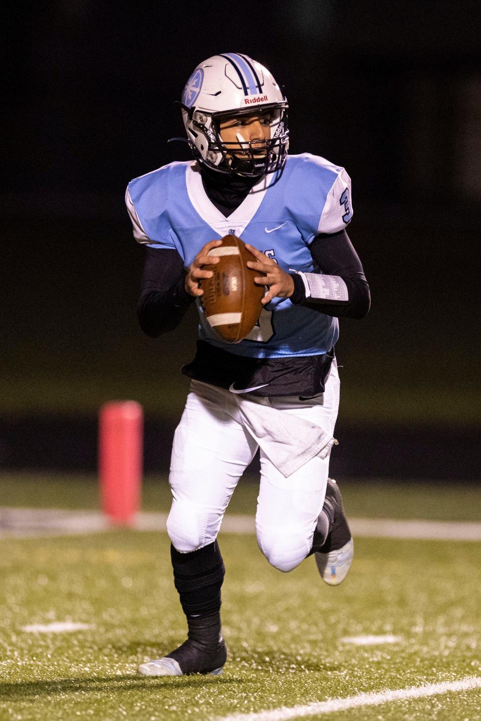 Saint Joseph's Alex Ortiz (3) passes the ball during the Northwood-South Bend Saint Joseph high school football game on Friday, October 28, 2022, at Father Bly Field in South Bend, Indiana.