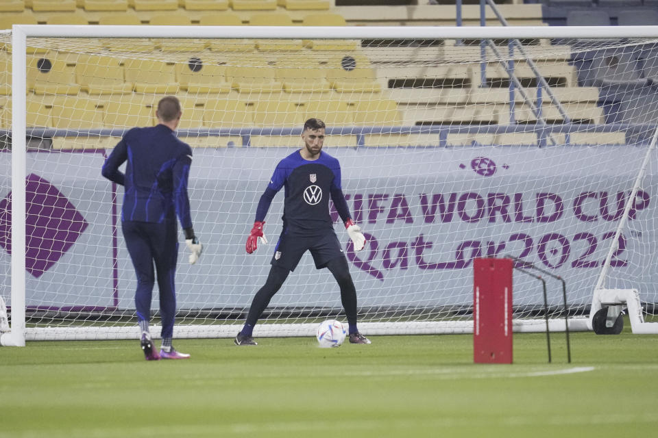 United States goal keeper Ethan Horvath, left, and goal keeper Matt Turner participate in an official training session at Al-Gharafa SC Stadium, in Doha, Saturday, Nov. 19, 2022. (AP Photo/Ashley Landis)