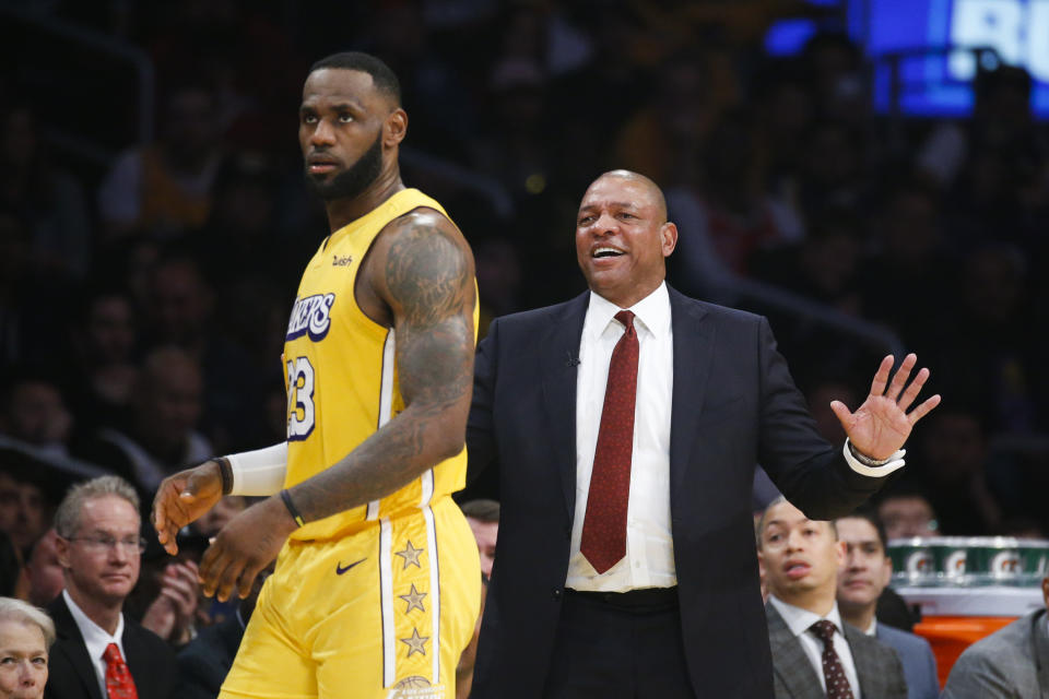 Los Angeles Clippers head coach Doc Rivers reacts during an NBA basketball game between Los Angeles Lakers and Los Angeles Clippers, Wednesday, Dec. 25, 2019, in Los Angeles. The Clippers won 111-106. (AP Photo/Ringo H.W. Chiu)