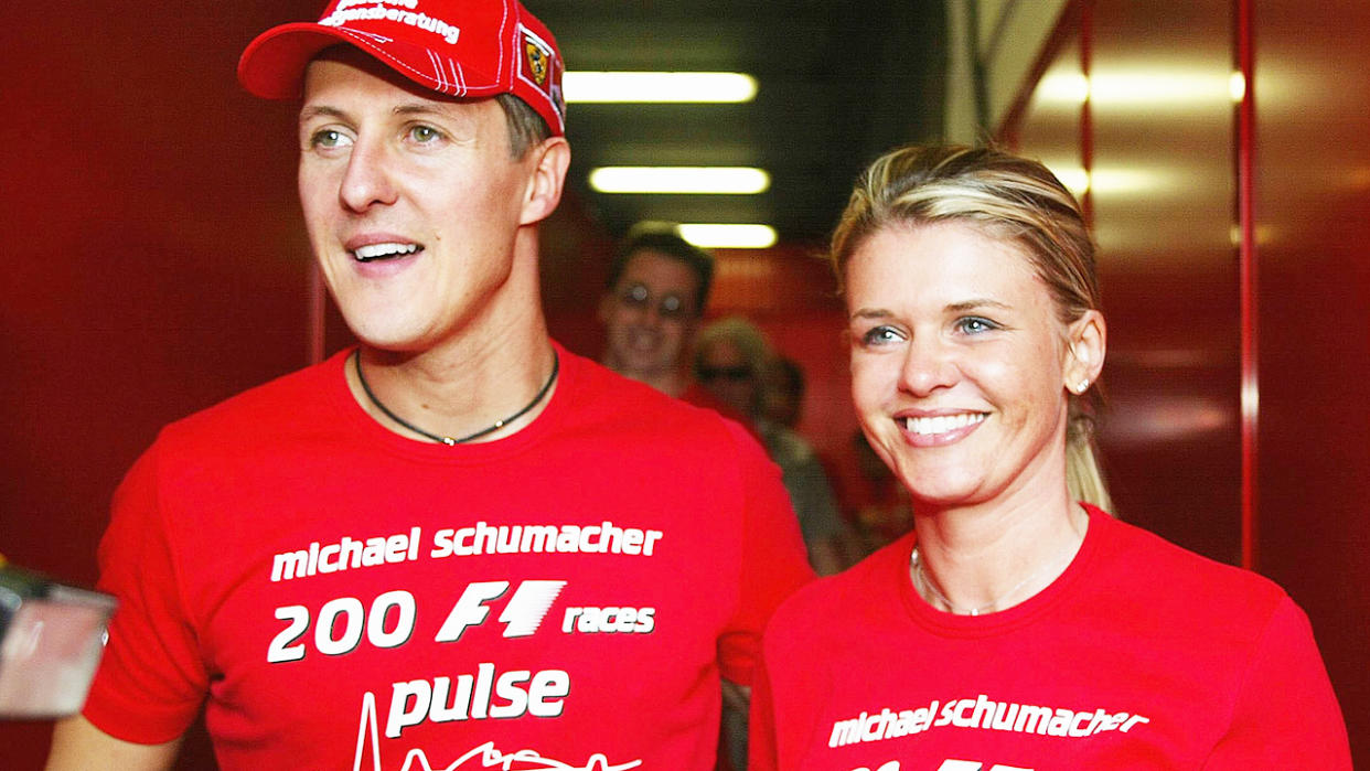 Michael and Corrina Schumacher, pictured here at the Spanish Grand Prix in 2004.