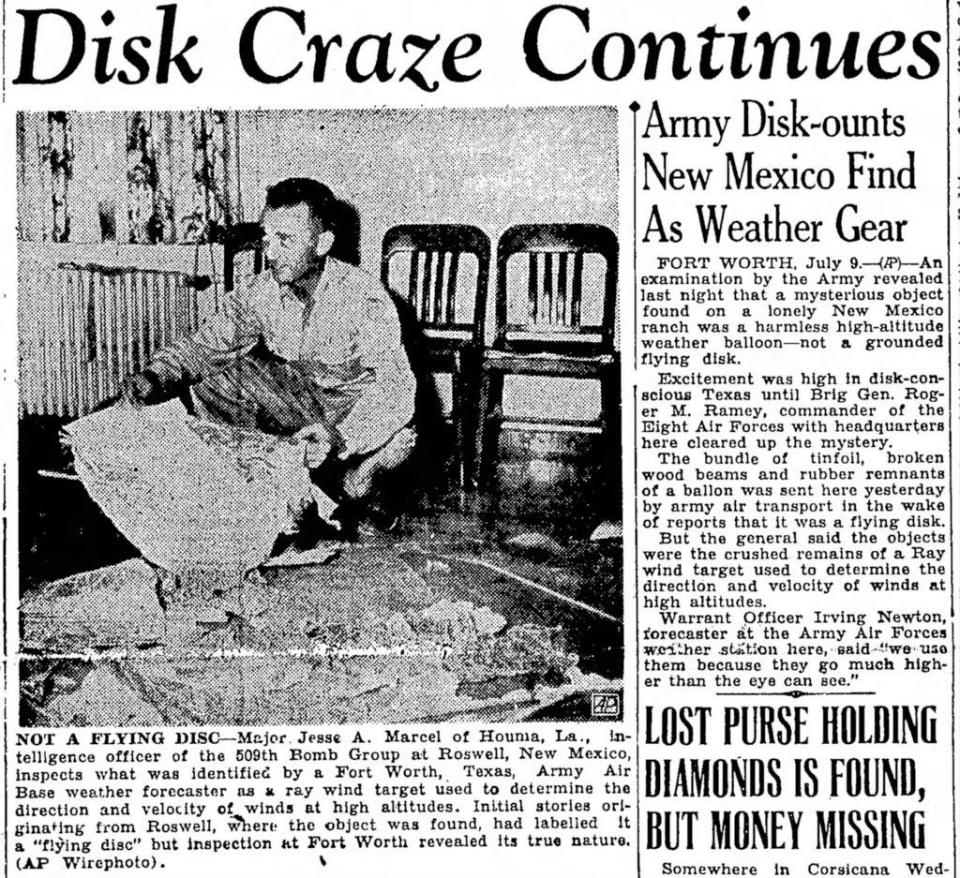 A page from the Corsicana Daily Sun on July 9, 1947, showing Jesse Marcel, an intelligence officer who initially investigated and recovered some of the debris near Roswell, New Mexico. / Credit: Universal History Archive/ Universal Images Group via Getty Images