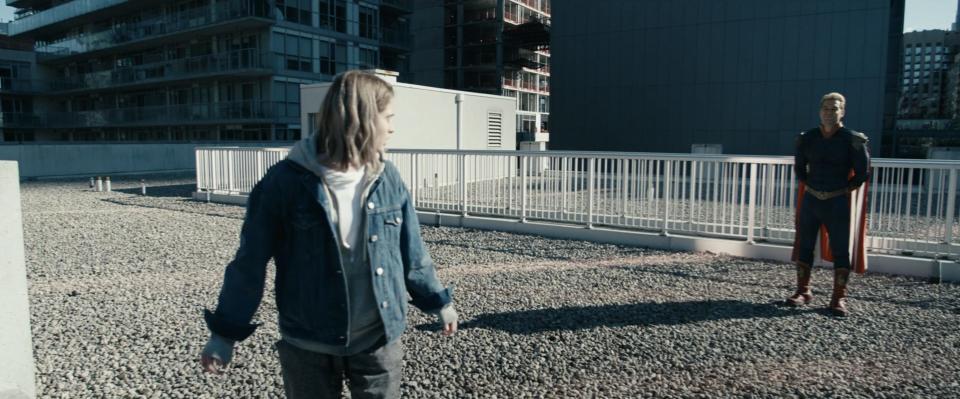 Homelander talking to a young person in season three, episode two of "The Boys."