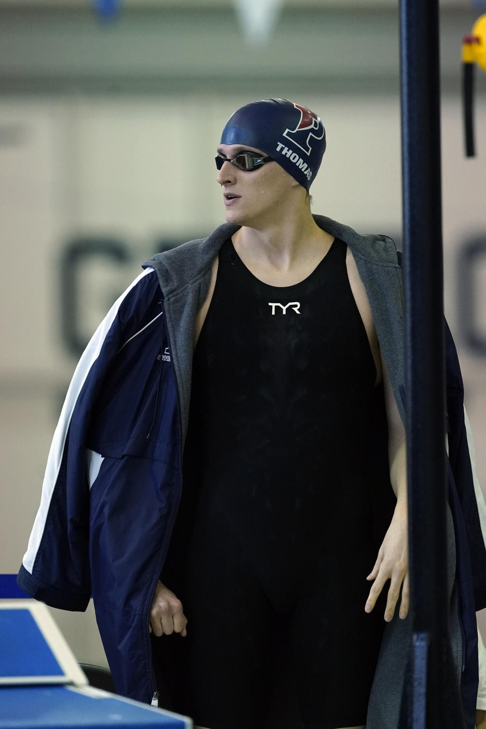 Pennsylvania's Lia Thomas waits for a preliminary heat in the 500-yard freestyle at the NCAA women's swimming and diving championships Thursday, March 17, 2022, at Georgia Tech in Atlanta. (AP Photo/John Bazemore)