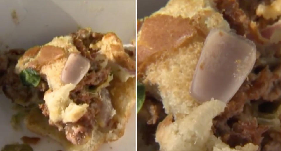 The customer couldn’t believe his eyes when he found a fake fingernail inside his burger. Source: ABC 7
