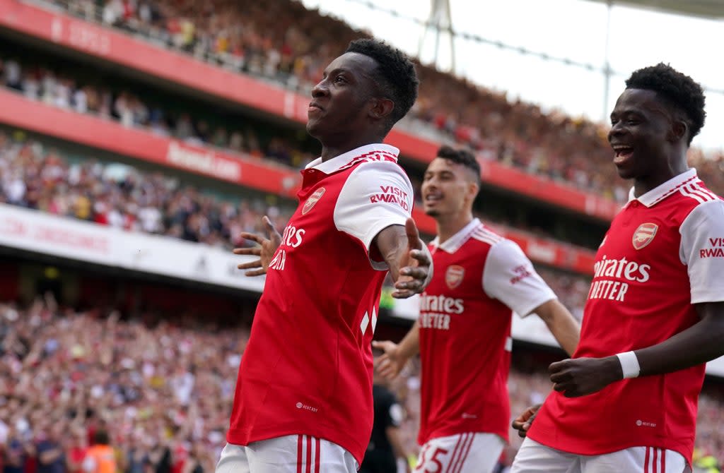 Eddie Nketiah celebrates scoring Arsenal’s second in their 5-1 win over Everton (PA Wire)