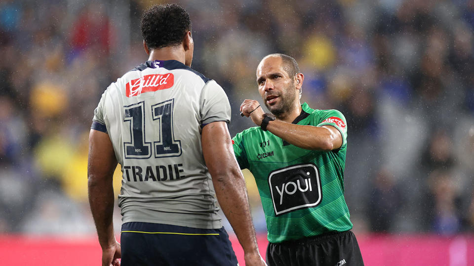 Seen here, Felise Kaufusi is placed on report against Parramatta.