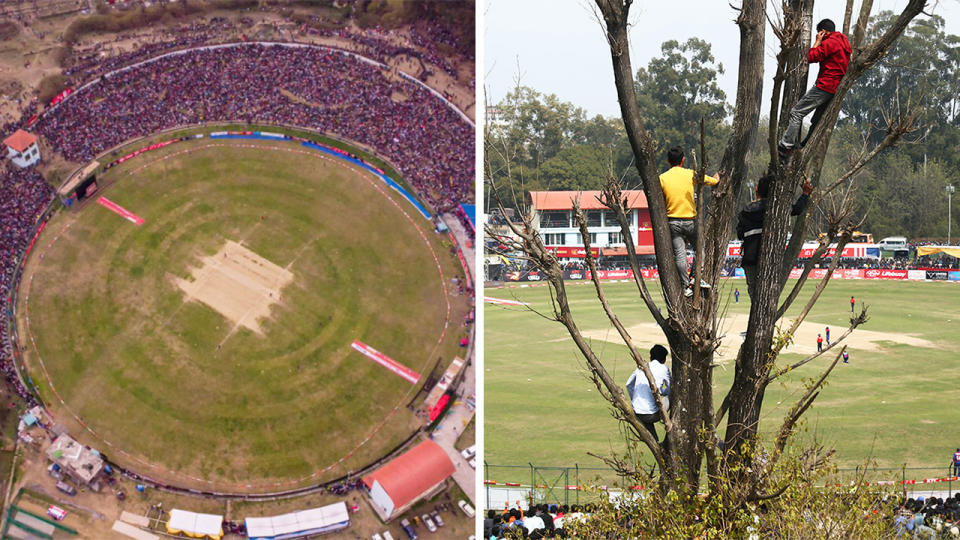 The cricket world has been left stunned after thousands watched on in Nepal as The Rhinos qualified for the Men's Cricket World Cup League 2 after defeating the UAE in a thriller. (Images: @CricketNep/Getty Images)