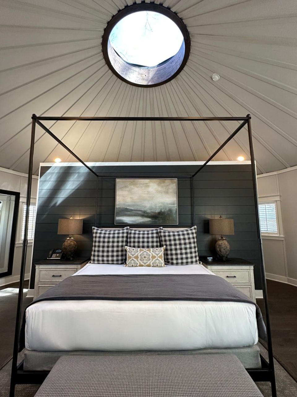 The Nicewonder Farm and Vineyard offers 28 guest rooms in the inn, but also has several luxury yurts. This photo shows the skylight above the bed.