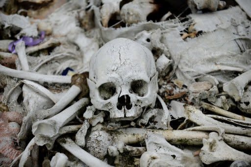 A photo of bones and skulls scattered in a cemetery, taken in October. A Swedish woman has been charged with possession of human skulls and bones, which the prosecution claimed she used for sexual purposes