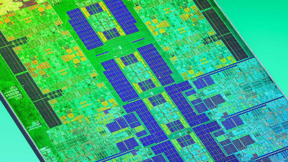 A close-up image of an Intel Raptor Lake die.