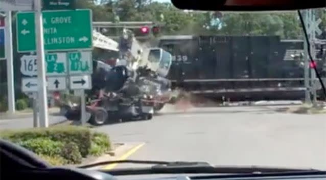 A train crashes into a truck at a level crossing in Mer Rouge, Louisiana. Photo: ABC