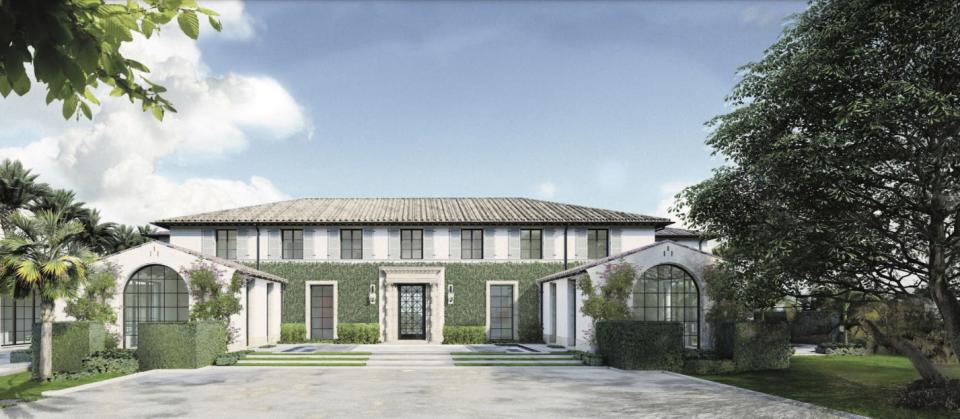 A rendering shows the front of the house planned for a lakefront lot of about 2 acres at 304 Maddock Way in Palm Beach. Before the Architectural Commission approved the project in a 5-2 vote, some commissioners suggested that the large arched windows be reduced in size.