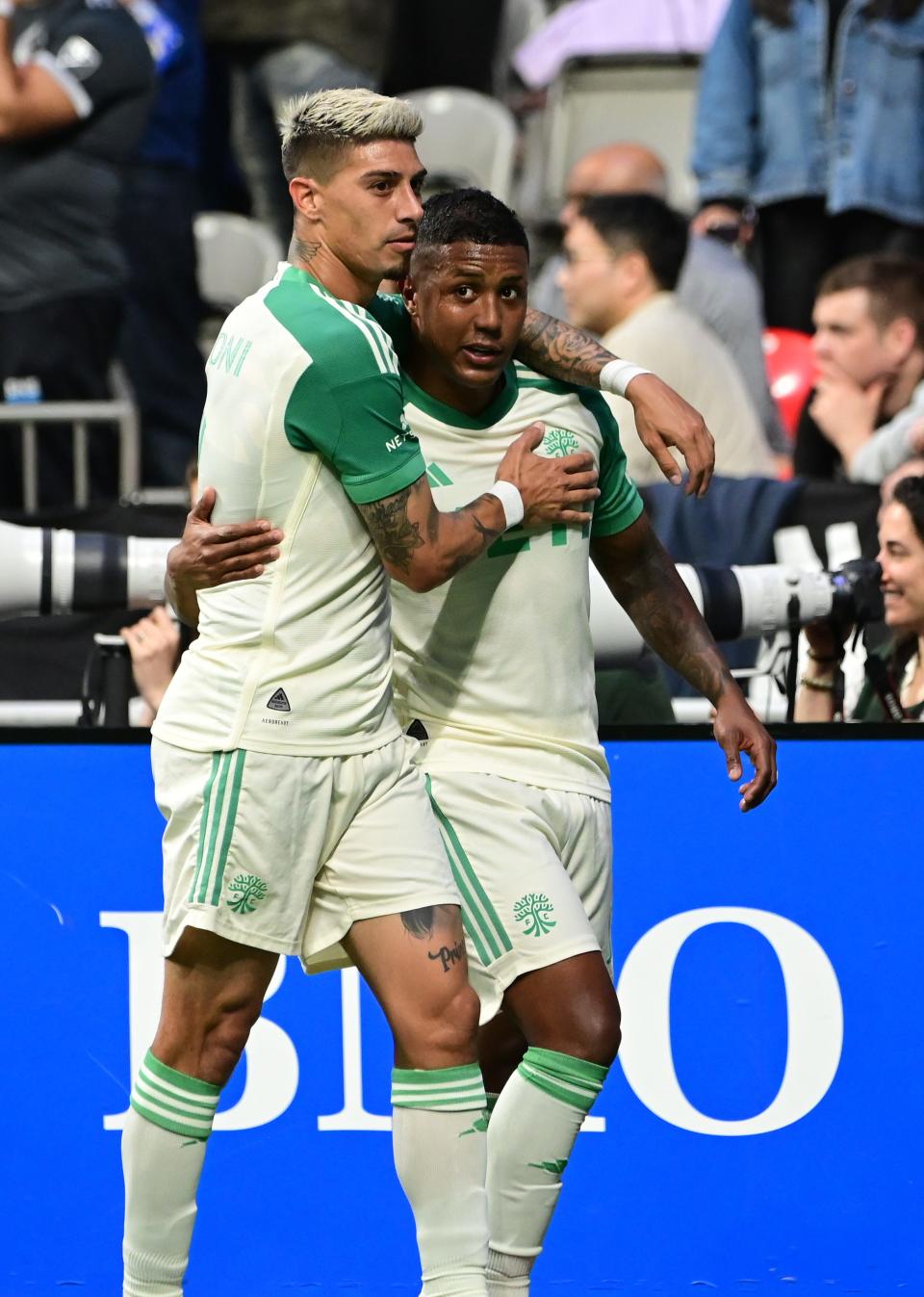 Austin FC midfielders Emiliano Rigoni and Jhojan Valencia react after a play in last week's draw against Vancouver. Over the past six matches, Austin FC has the second-most points earned in MLS.