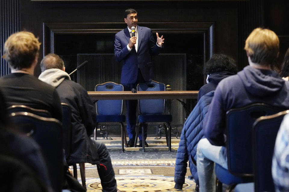 U.S. Rep. Ro Khanna, D-Ca., speaks to a group of college Democrats, Thursday, Feb. 22, 2024, in Ann Arbor, Mich. Khanna's visit to Michigan includes meetings with Arab American leaders in metro Detroit. The visit comes ahead of the state's Feb. 27 presidential primary. (AP Photo/Carlos Osorio)