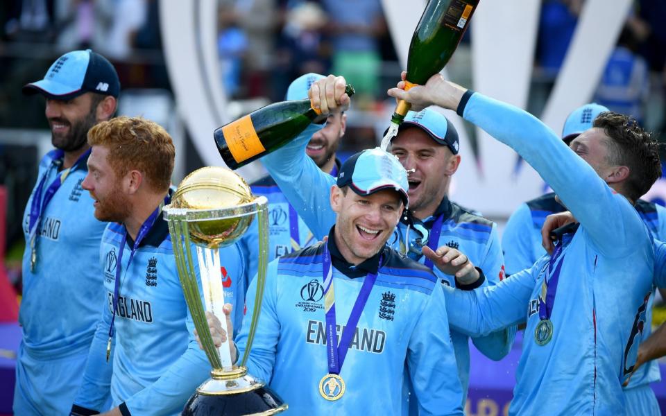 England captain Eoin Morgan lifts the World Cup - GETTY IMAGES