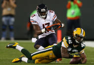 GREEN BAY, WI - SEPTEMBER 13: Free safety Morgan Burnett #42 of the Green Bay Packers defends against wide receiver Alshon Jeffery #17 of the Chicago Bears in the second quarter at Lambeau Field on September 13, 2012 in Green Bay, Wisconsin. (Photo by Jonathan Daniel/Getty Images)