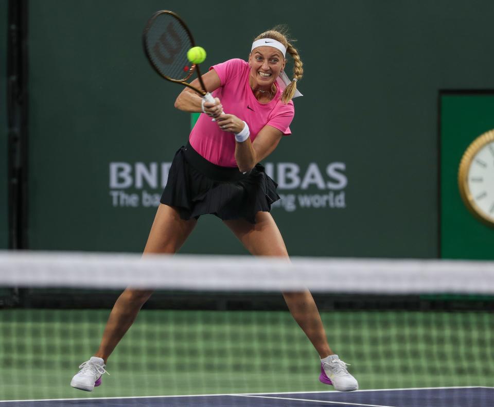 Petra Kvitova hits a shot in her match against Maria Sakkari during the BNP Paribas Open in Indian Wells, Calif., March 15, 2023.