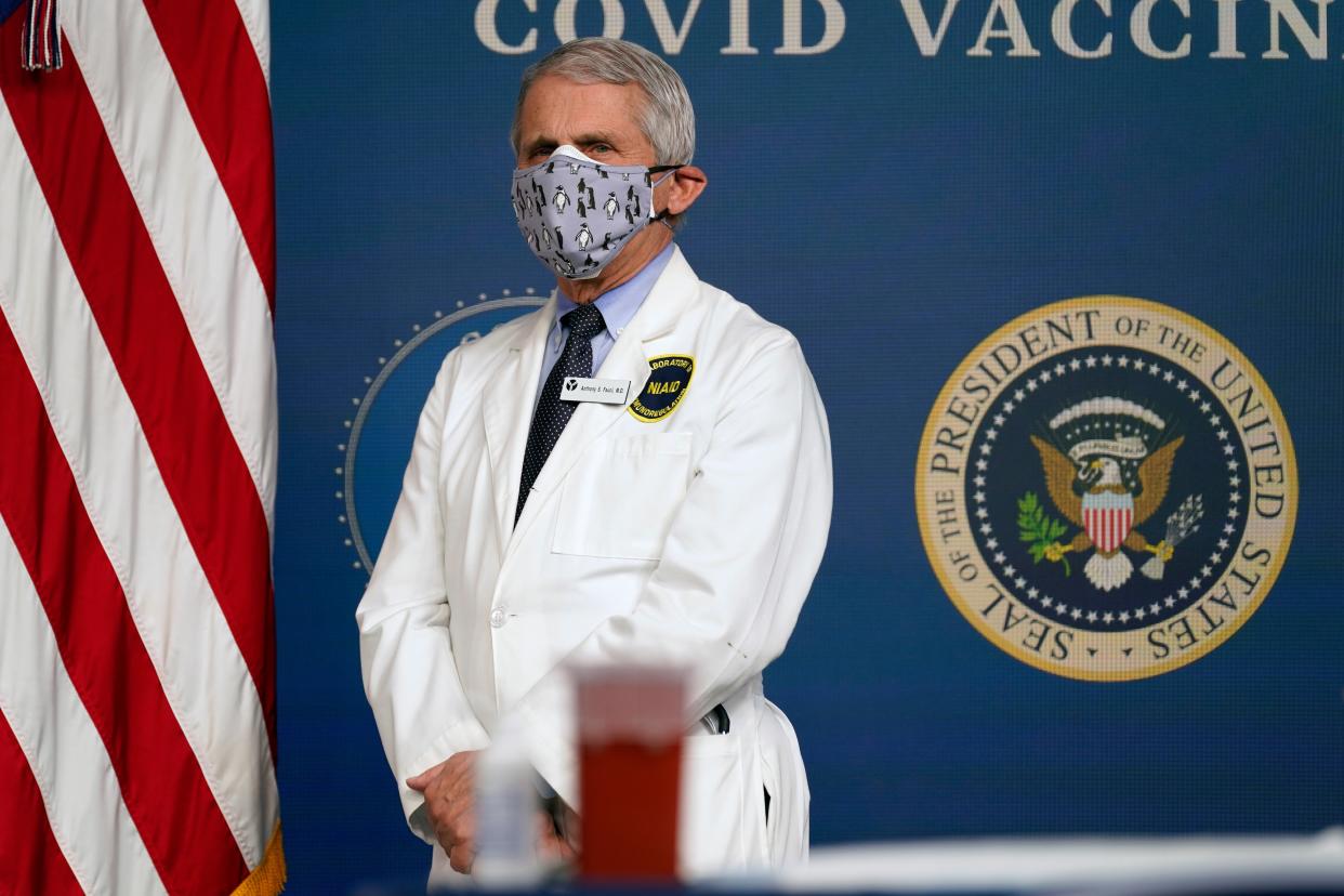 <p>Dr. Anthony Fauci, director of the National Institute of Allergy and Infectious Diseases, in the South Court Auditorium on the White House campus, Thursday, Feb. 25, 2021, in Washington. </p> ((AP Photo/Evan Vucci))
