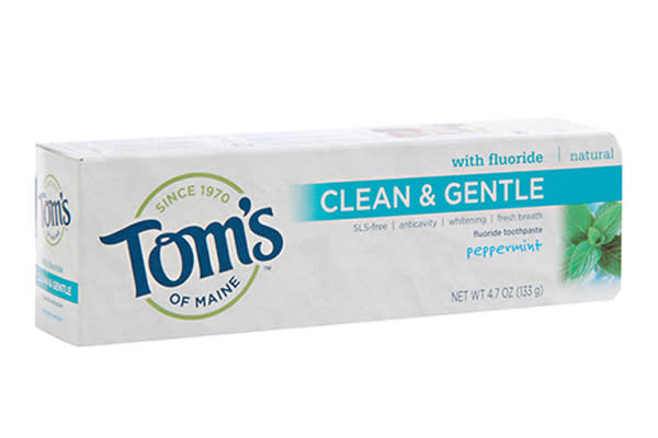 <div class="caption-credit"> Photo by: Tom's of Maine.</div>You've probably heard of using toothpaste to dry up zits, but how about using it to scrub the yellow stains off your nails that can result from wearing nail polish? Just put some toothpaste on an old toothbrush (we chose this all-natural Tom's formula that is made without sulfates - meaning that it won't dry out your cuticles!), and scrub away at clean nails. Your nails will look so fresh and so clean-clean that you can go without lacquer and still look, well, polished. <br> <br> <i><b>Tom's of Maine</b> Clean & Gentle Toothpaste, $6, available at <a rel="nofollow noopener" href="http://www.tomsofmainestore.com/product/11423" target="_blank" data-ylk="slk:Tom's of Maine;elm:context_link;itc:0;sec:content-canvas" class="link ">Tom's of Maine</a>.</i> <br>