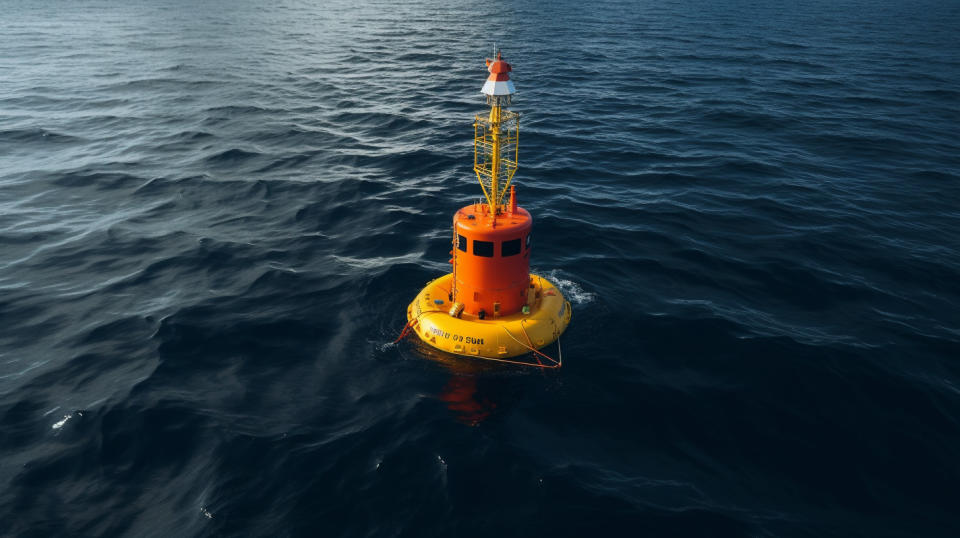 A buoy in the middle of the ocean, transmitting data gathered by the company's hydrographic services.