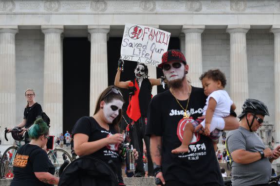 Fans of the US rap group Insane Clown Posse, known as Juggalos, gather on September 16, 2017 in front of the Lincoln Memorial in Washington, D.C. to protest at a 2011 FBI decision to classify their movement as a gang. / AFP PHOTO / PAUL J. RICHARDS        (Photo credit should read PAUL J. RICHARDS/AFP/Getty Images)