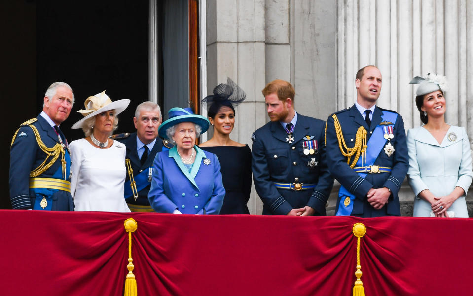 From left: Prince Charles, Camilla (Duchess of Cornwall), Prince Andrew, Queen Elizabeth ll, Meghan (Duchess of Sussex), Prince Harry, Prince William, and Catherine (Duchess of Cambridge) at Buckingham Palace, on July 10, 2018, in London.