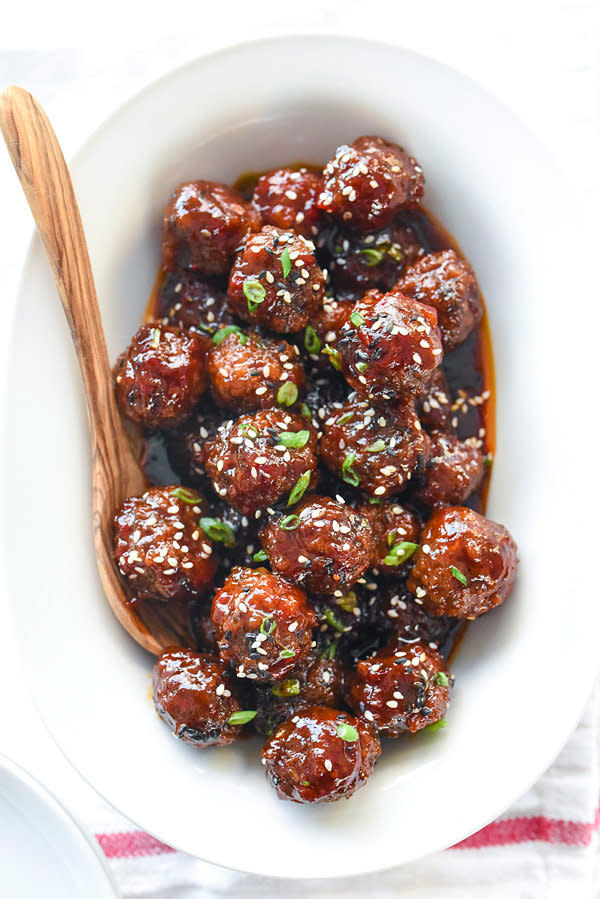 <strong>Get the <a href="https://www.foodiecrush.com/slow-cooker-sriracha-meatballs/" target="_blank">Slow Cooker Sriracha Meatballs</a> recipe from Foodie Crush</strong>