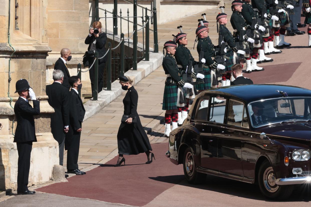 Britain's Sophie, Countess of Wessex arrives for the funeral service of Britain's Prince Philip, Duke of Edinburgh inside St George's Chapel in Windsor Castle in Windsor, west of London, on April 17, 2021. - Philip, who was married to Queen Elizabeth II for 73 years, died on April 9 aged 99 just weeks after a month-long stay in hospital for treatment to a heart condition and an infection. (Photo by HANNAH MCKAY / POOL / AFP) (Photo by HANNAH MCKAY/POOL/AFP via Getty Images)