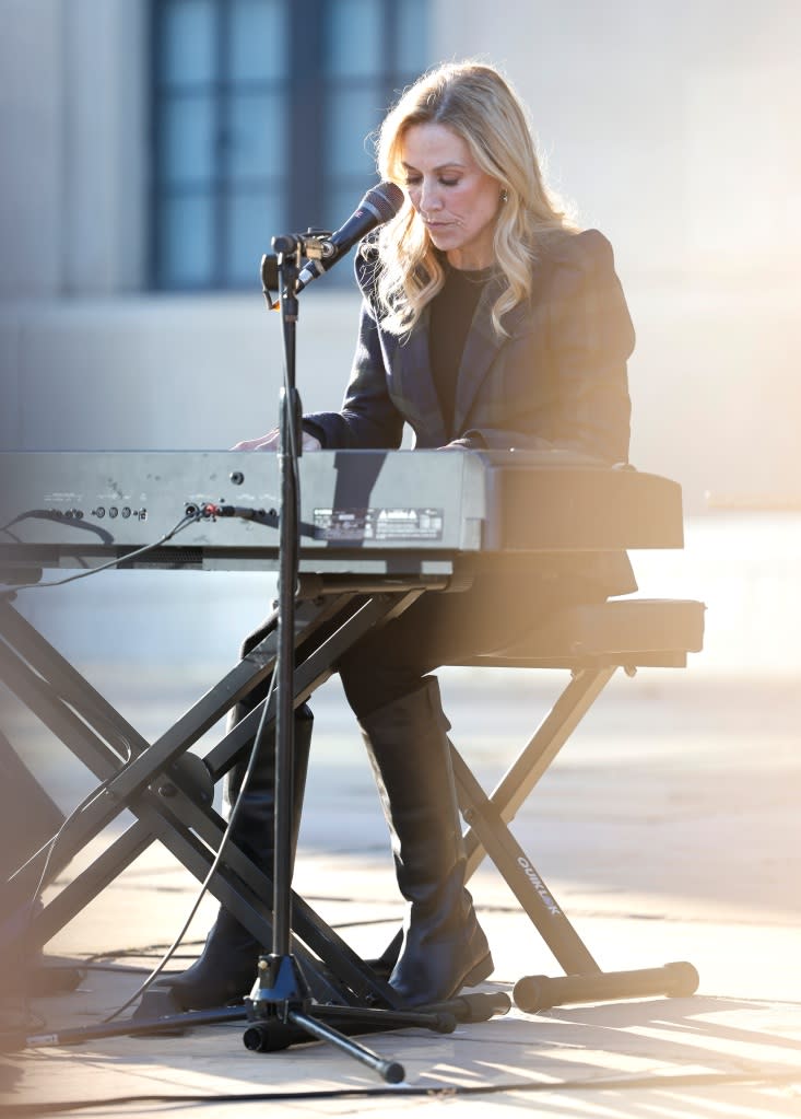 NASHVILLE, TENNESSEE - MARCH 29: Singer & songwriter Sheryl Crow performs at a candlelight vigil to mourn and honor the lives of the victims, survivors and families of The Covenant School on March 29, 2023 in Nashville, Tennessee. (Photo by Jason Kempin/Getty Images)