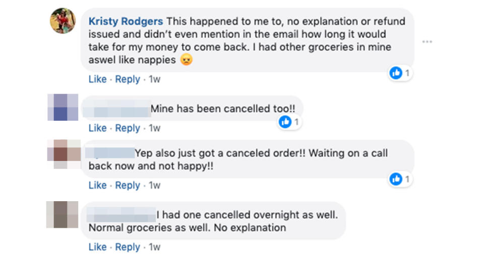Customers said the supermarket canceled their online orders due to “unprecedented number of orders being placed”. Source: Woolworths/Facebook