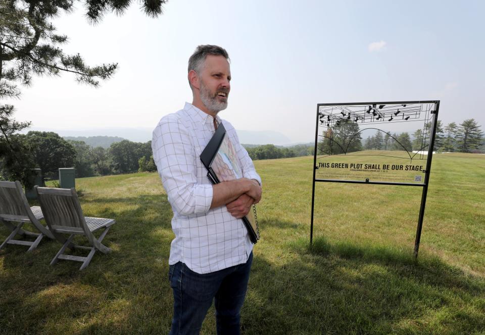 Davis McCallum, the Artistic Director of the Hudson Valley Shakespeare Festival, is pictured at the site of the new stage to be built in Garrison, June 29, 2023. They have plans for the new permanent home for the festival, and the $10 million state grant announced this spring by Gov. Kathy Hochul that will make it a reality.