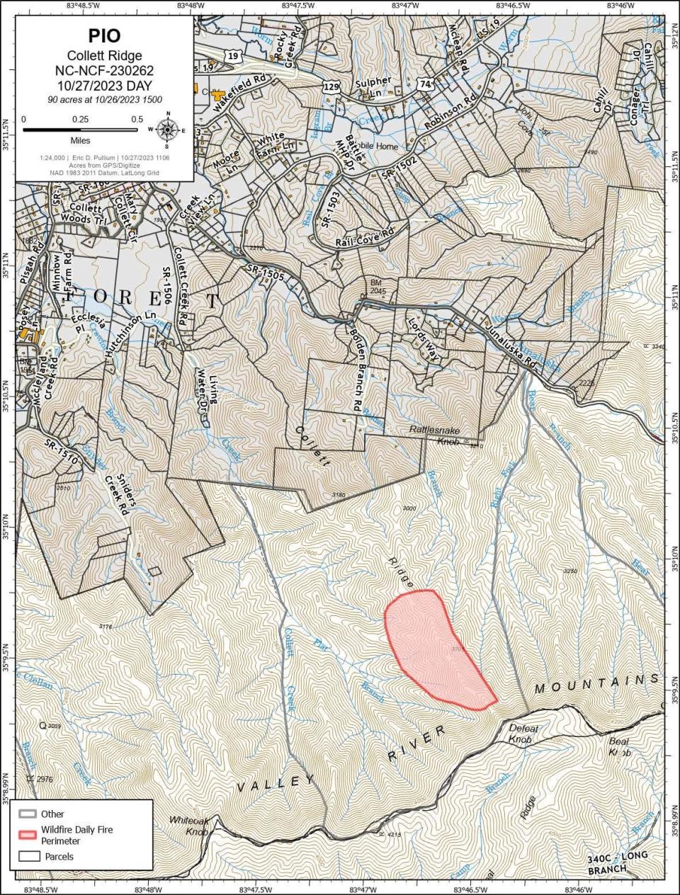The map depicts where a 90-acre fire continues to burn in the Nantahala National Forest Oct. 27.