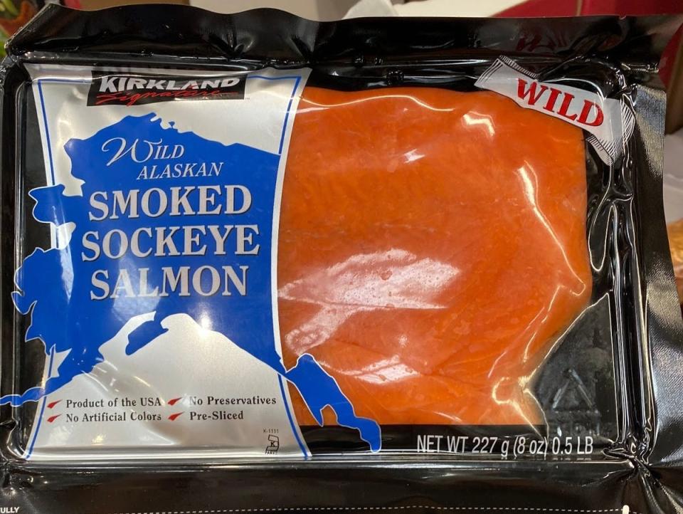 package of costco-brand wild smoked sockeye salmon