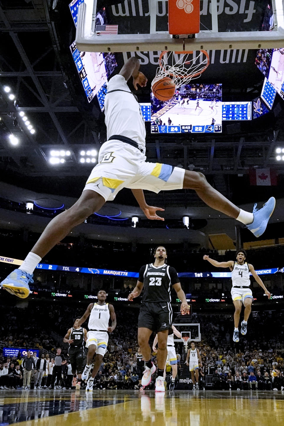 Marquette's Olivier-Maxence Prosper dunks during the second half of the team's NCAA college basketball game against Providence on Wednesday, Jan. 18, 2023, in Milwaukee. Marquette won 83-75. (AP Photo/Morry Gash)