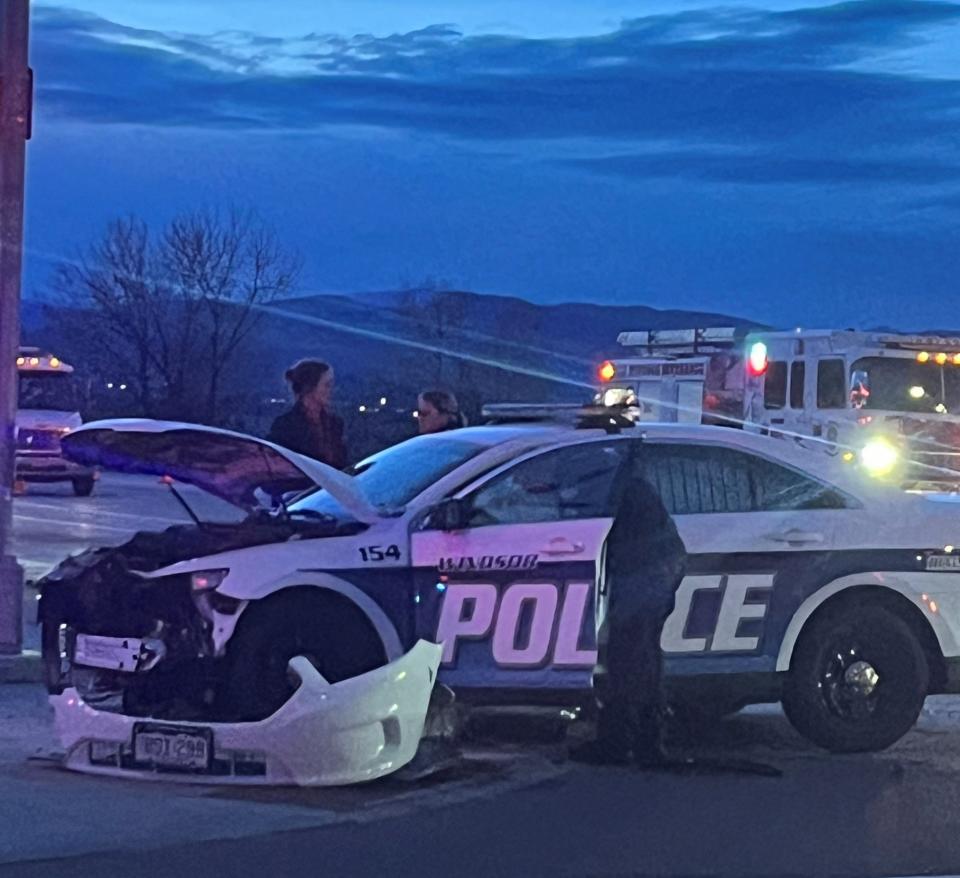 A Windsor police vehicle was involved in a crash with another vehicle at the intersection of Colorado 392 and Larimer County Road 5 in Windsor, Colo., while responding to shots being fired at first responders at the nearby AmericInn at Wyndham on Sunday, Jan. 7, 2024.